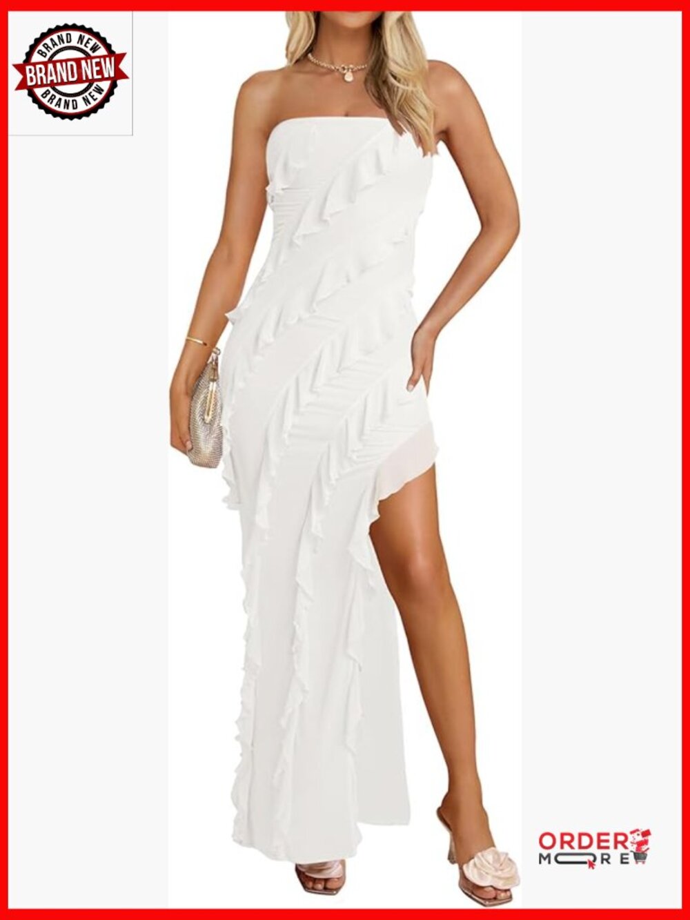 Strapless Off Shoulder Tassel Ruffle Side Split Maxi Bodycon Dress